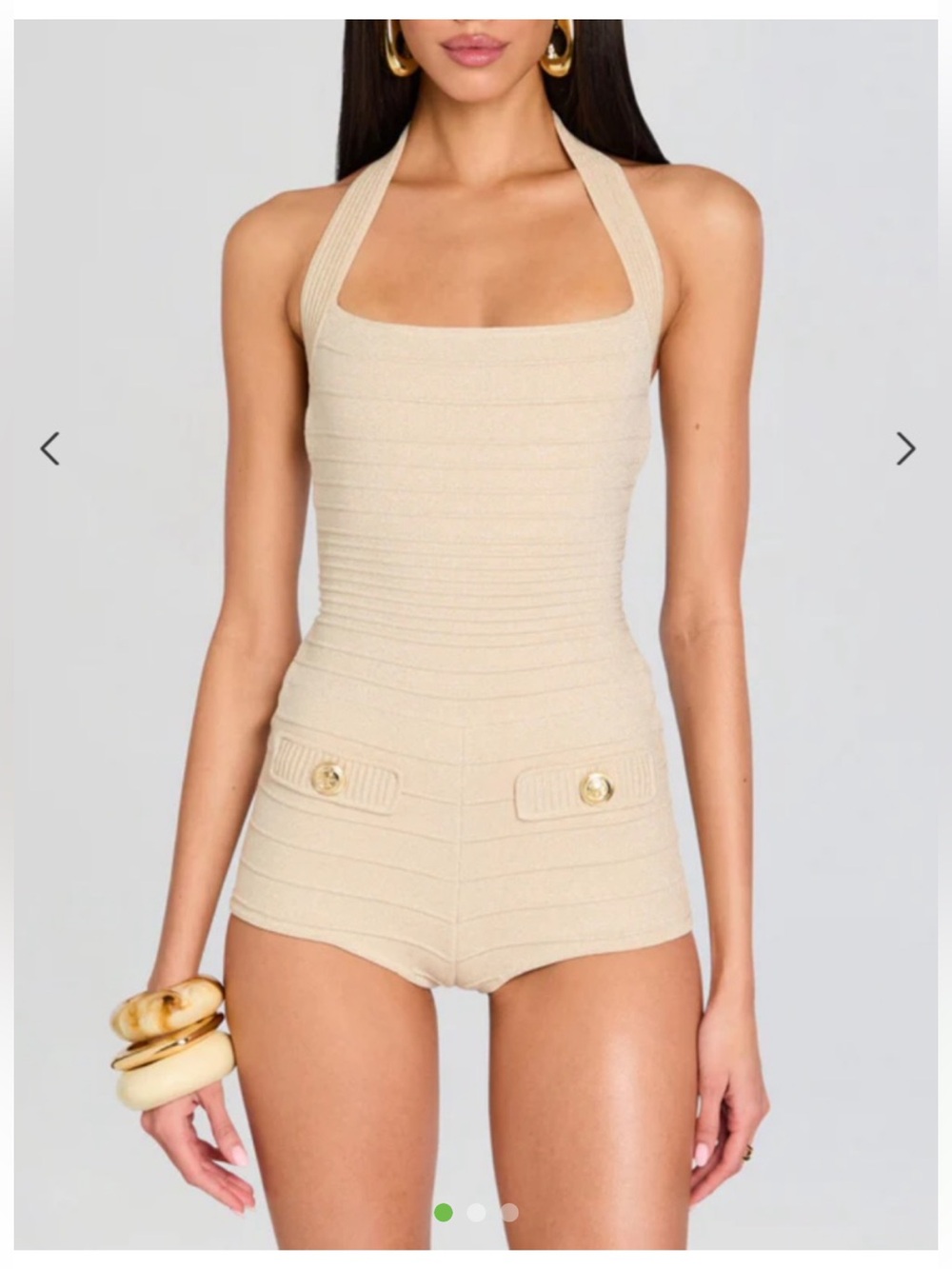Retrofete Beige Halter Knit Romper with Gold Buttons